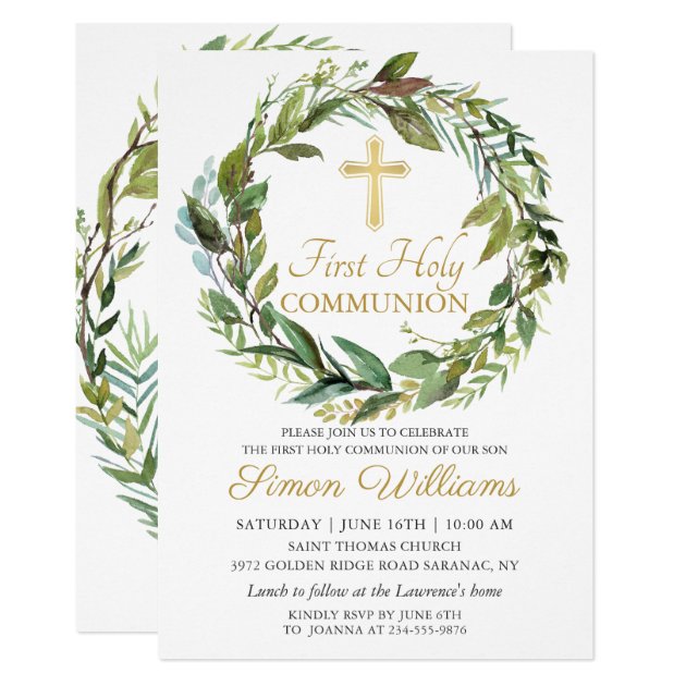 Gold Cross Greenery Wreath First Holy Communion Invitation