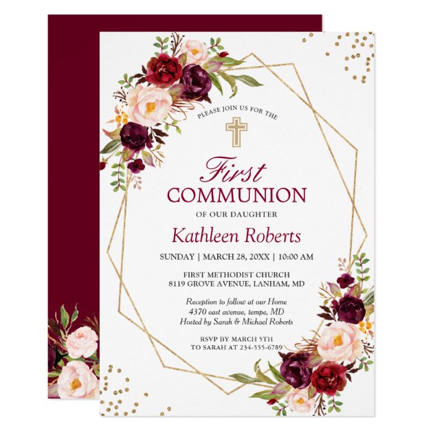 Blush Burgundy Floral Gold Frame First Communion Invitation