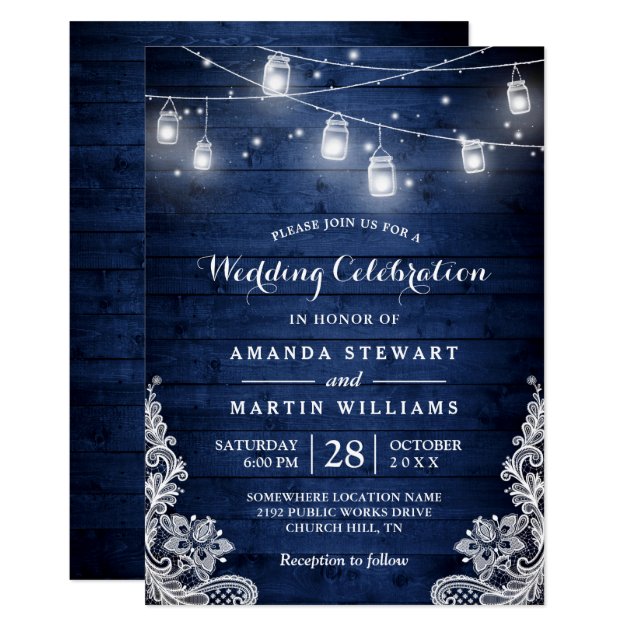 Rustic Midnight Blue String Lights Lace Wedding Invitation