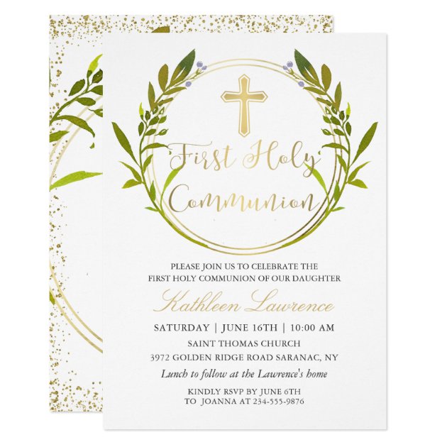 Gold Script Greenery Wreath First Holy Communion Invitation