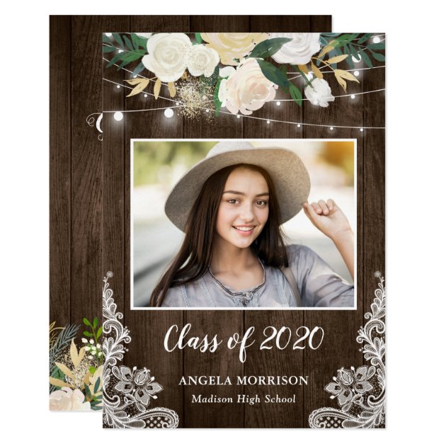 Rustic Wood Floral String Lights Graduation Party Card