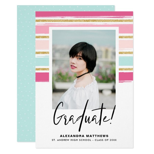 Pink and Gold Glitter Photo Graduation Party Card