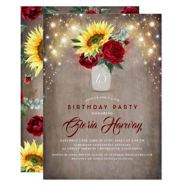 Sunflowers Burgundy Red Roses Rustic Fall Birthday Invitation