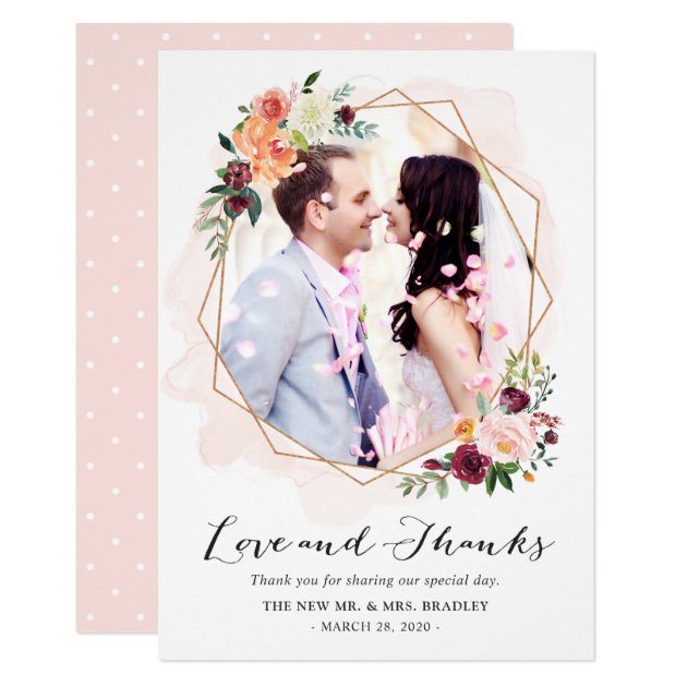 Modern Watercolor Floral Wedding Photo Thank You Card