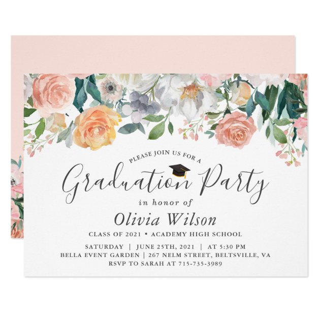 Graduation Party Blush Pink Garden Rose Peony Invitation