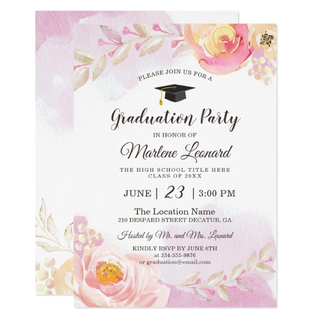 Watercolor Pink Gold Rose Garden Graduation Party Card