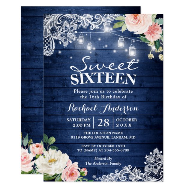 Rustic Blue String Lights Floral Sweet 16 Birthday Invitation