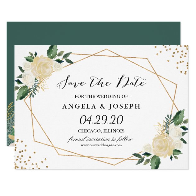 Rustic Greenery Gold Glitters Floral Save The Date Card