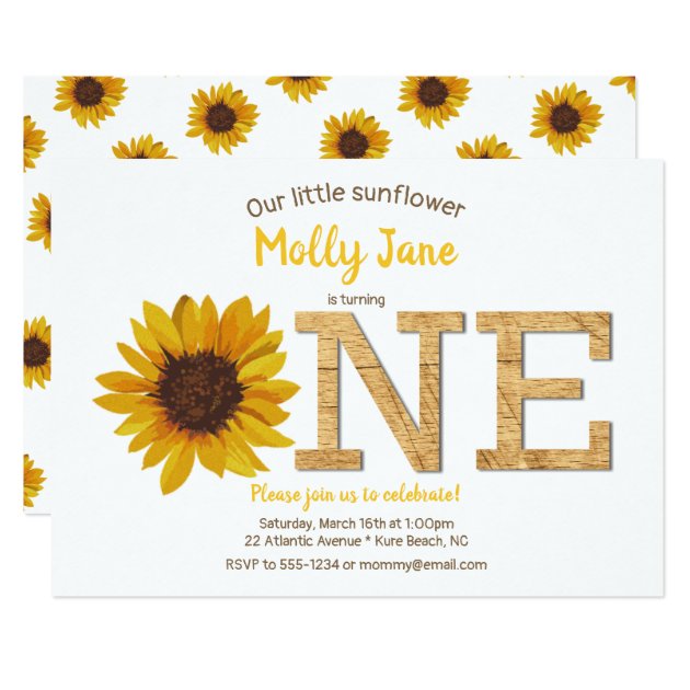 Rustic Sunflower 1st Birthday Girl Watercolor Invitation