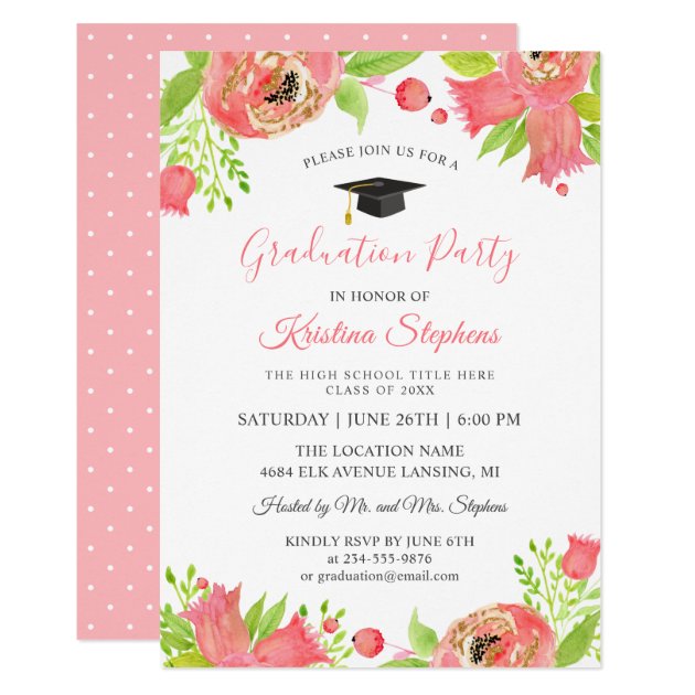 Coral Pink Flowers Spring Garden Graduation Party Card