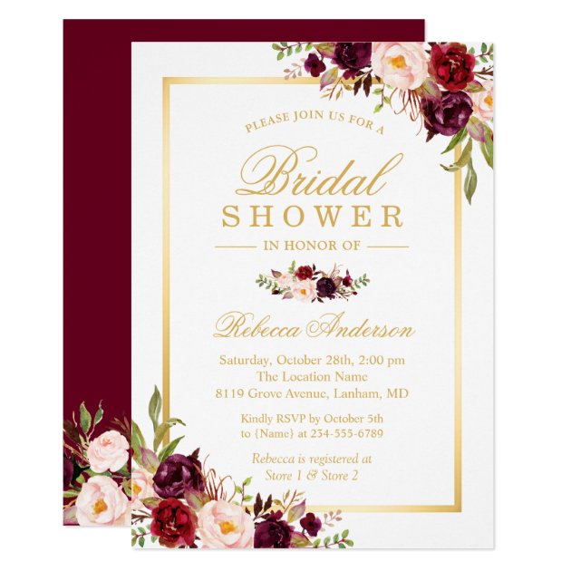 Burgundy Blush Bloom Floral Gold Bridal Shower Invitation