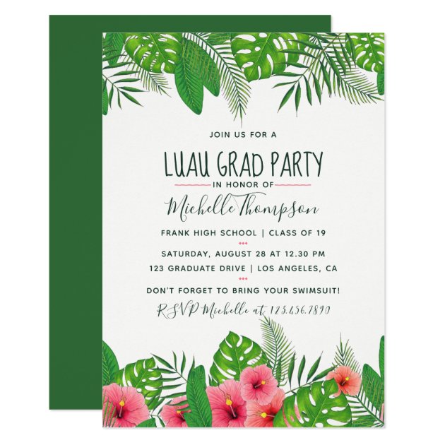 Watercolor tropical Luau Graduation Party Card (front side)