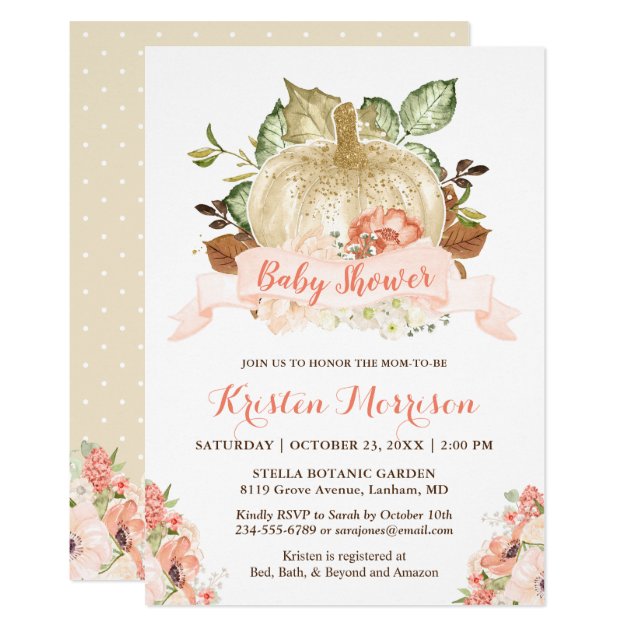 Gold Glitters Pumpkin Floral Fall Baby Shower Invitation