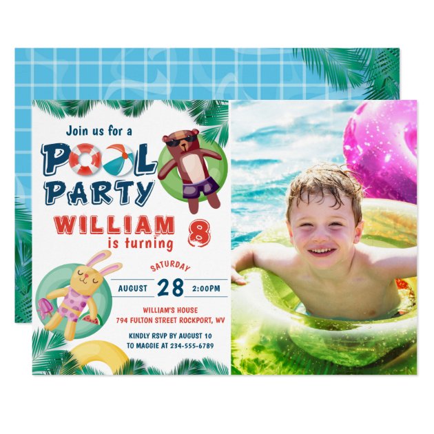 Tropical Summer Pool Party Birthday Photo Invitation