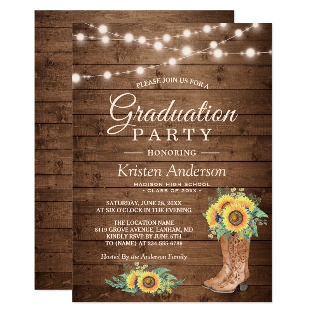 Sunflowers Boots String Lights Graduation Party Invitation