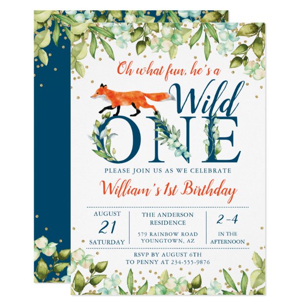 Greenery Woodland Wild One Fox First Birthday Invitation