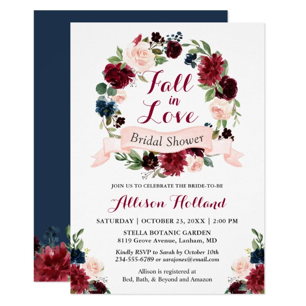 Fall in Love Bridal Shower Burgundy Floral Wreath Invitation