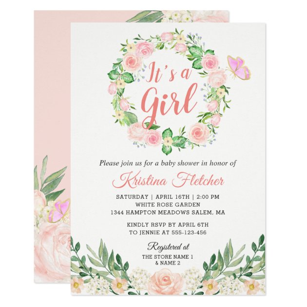 It's A Girl Blush Peach Floral Garden Baby Shower Invitation