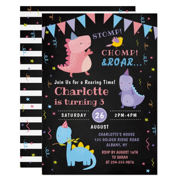 Dinosaur Roar Birthday Chalkboard Girls Dino Party Invitation