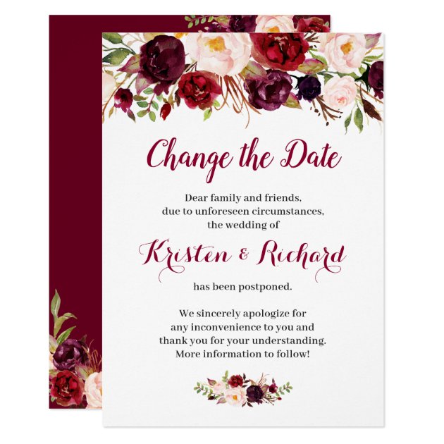 Burgundy Red Floral Change the Date Card