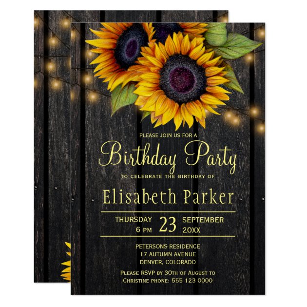 Gold sunflowers rustic barn wood birthday party invitation