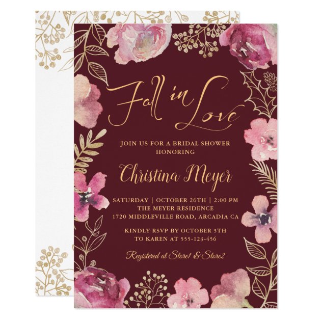 Gold Purple Floral Fall in Love Red Bridal Shower Invitation