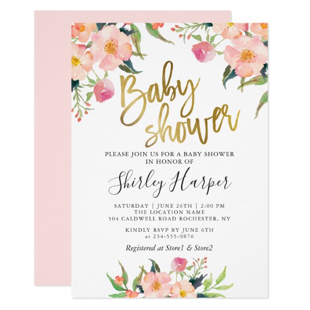 Elegant Pink Floral Gold Script Baby Shower Invitation