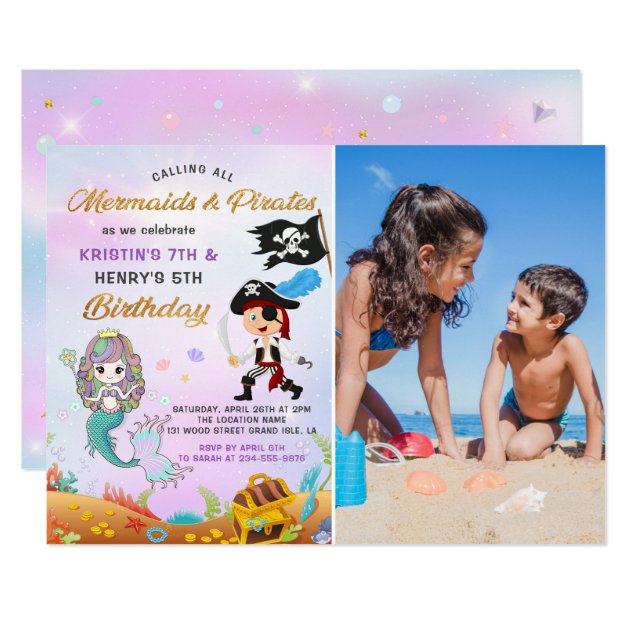 Mermaid & Pirate Under The Sea Birthday Photo Invitation
