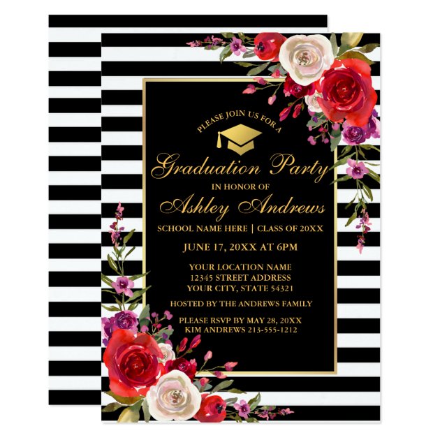 Watercolor Floral Stripes Gold Graduation Party GC Card