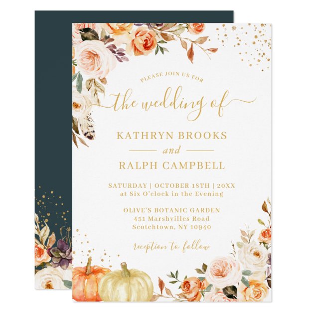 Autumn Botanical Floral Gold Glitters Fall Wedding Invitation