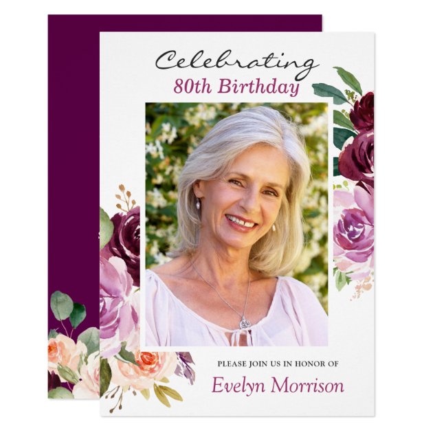 80th Birthday Party Plum Purple Blush Floral Photo Invitation