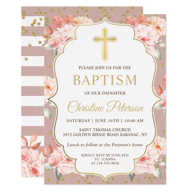 Pastel Rosy Floral Gold Cross Girl Baptism Invitation