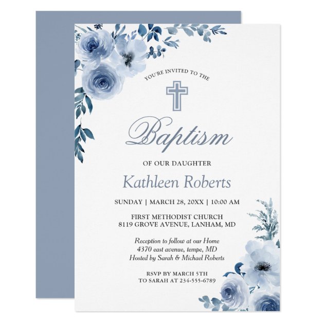 Dusty Blue Bohemian Floral Baptism Christening Invitation