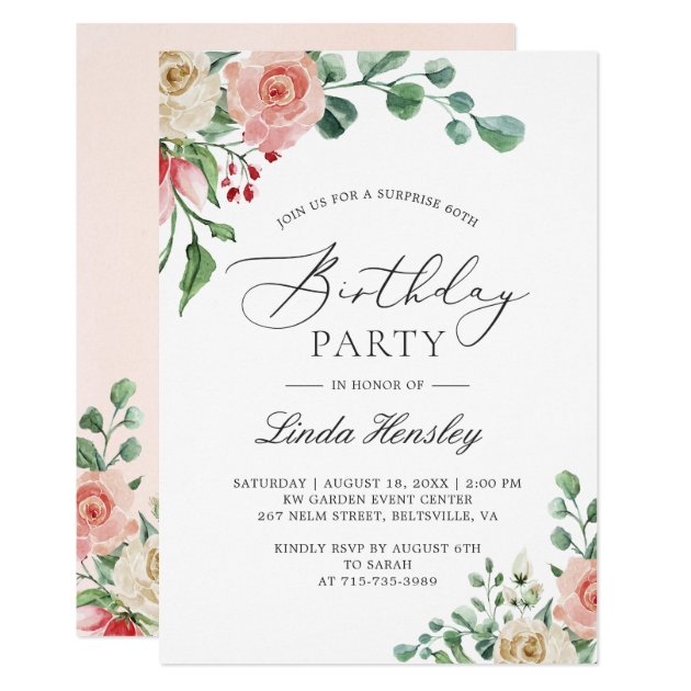 Elegant Watercolor Rose Floral Birthday Party Invitation