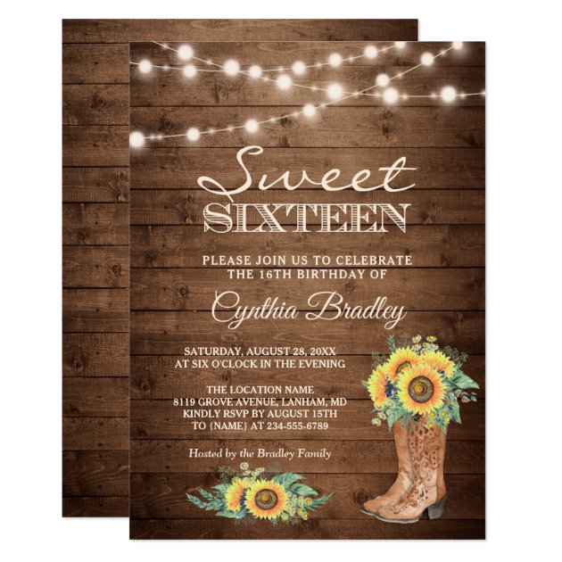 Rustic Sunflowers Boots Cowgirl Sweet Sixteen 16 Invitation