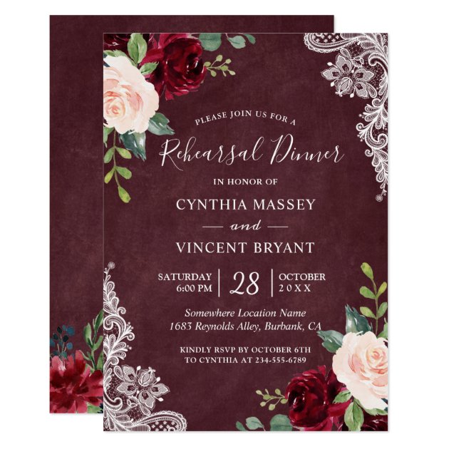 Rustic Burgundy Blush Floral Lace Rehearsal Dinner Invitation