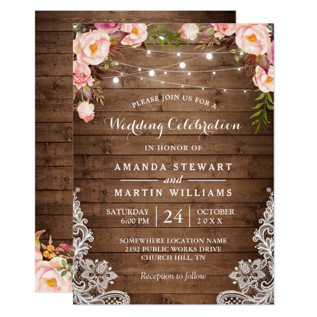 Rustic Country String Lights Floral Lace Wedding Card (front side)