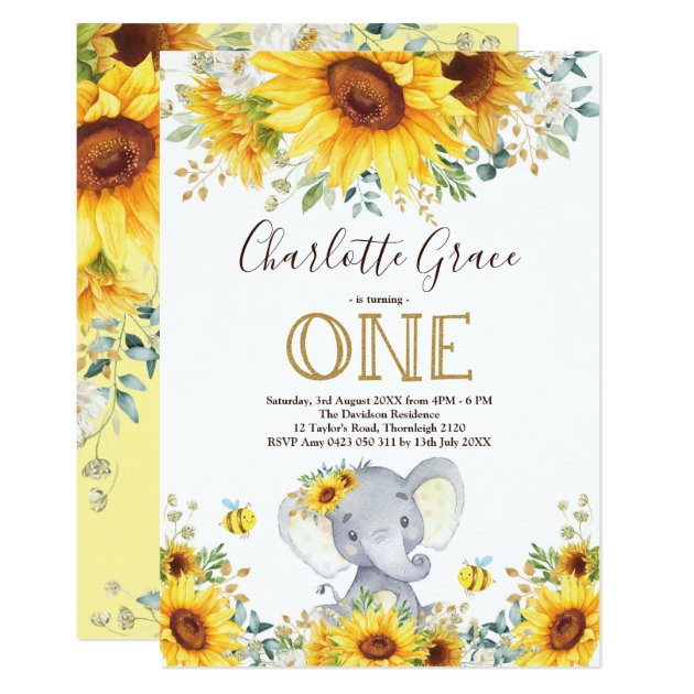 Chic Sunflower Elephant Greenery Gold 1st Birthday Invitation