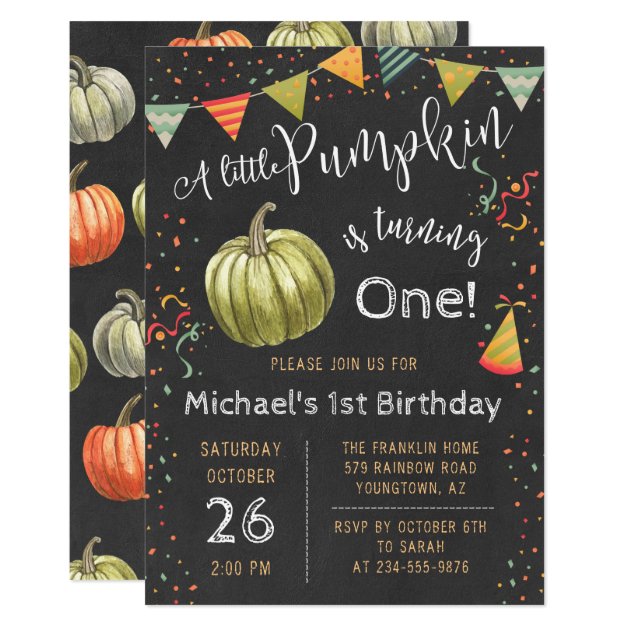 Fall A Little Pumpkin Chalkboard Autumn Birthday Invitation