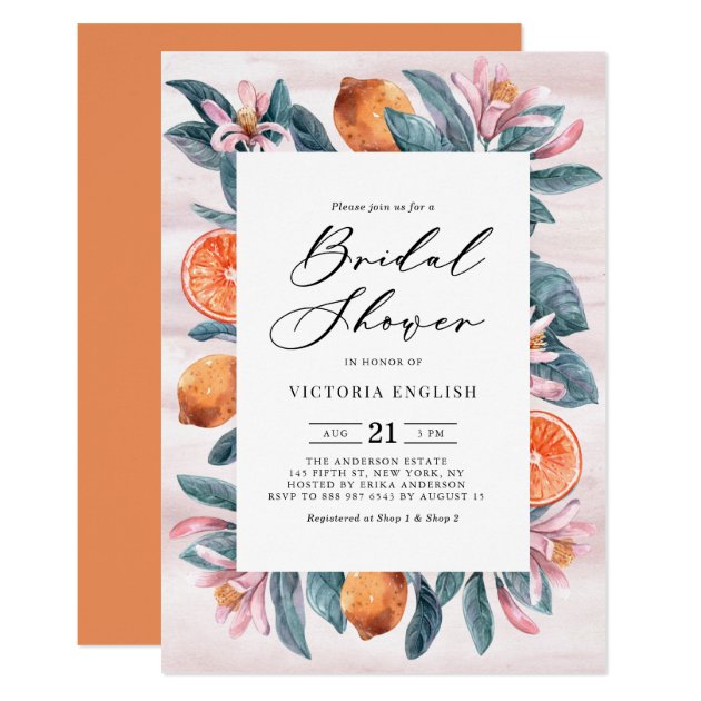 Botanical Oranges and Pink Blossoms Bridal Shower Invitation