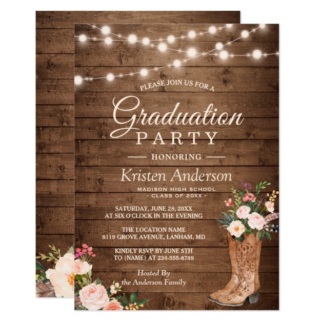 Rustic Boots Floral String Lights Graduation Party Invitation