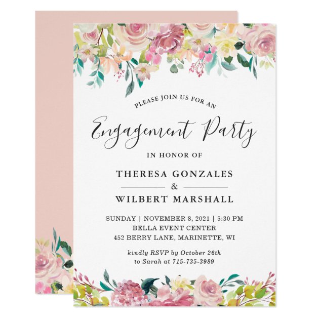 Watercolor Patel Blush Floral Engagement Party Invitation
