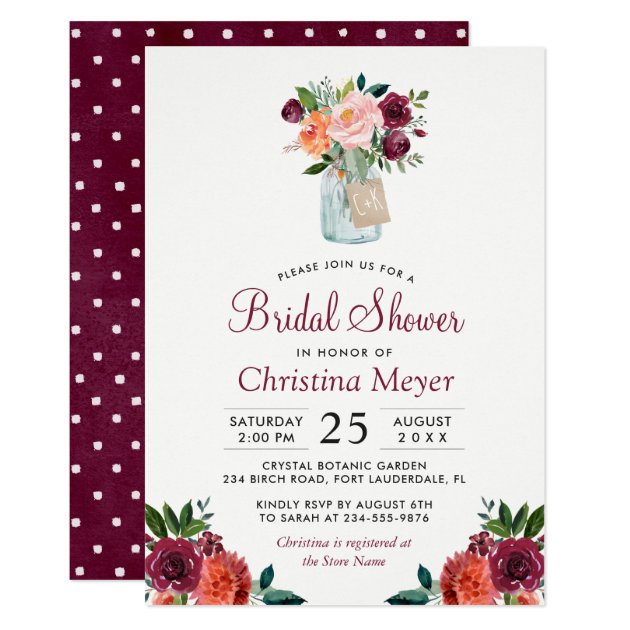 Burgundy Blush Pink Floral Mason Jar Bridal Shower Card