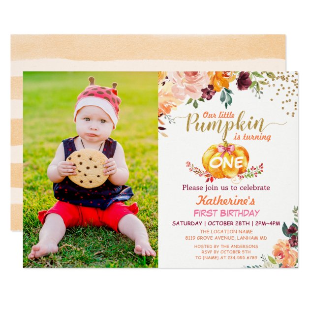 Autumn Pumpkin Baby Birthday with Kids Photo Invitation