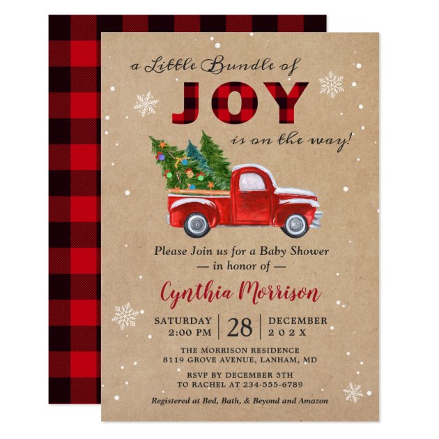 A Bundle of JOY Truck Red Plaid Baby Shower Invitation