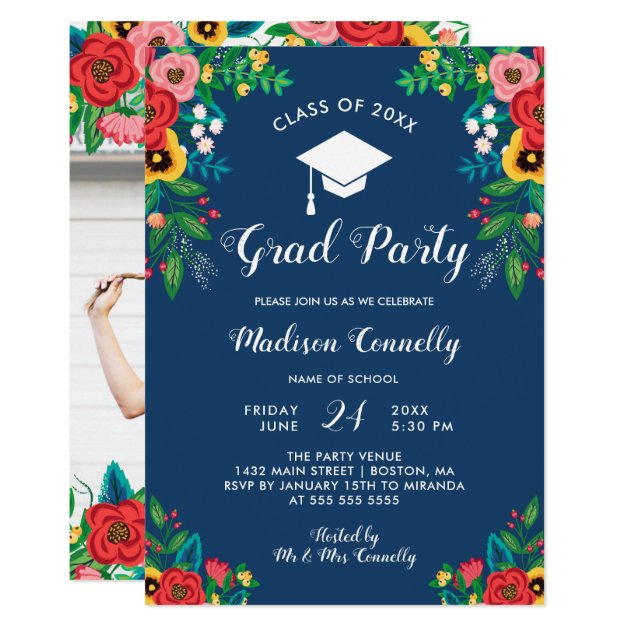 Boho Folk Flowers Graduation Party Card