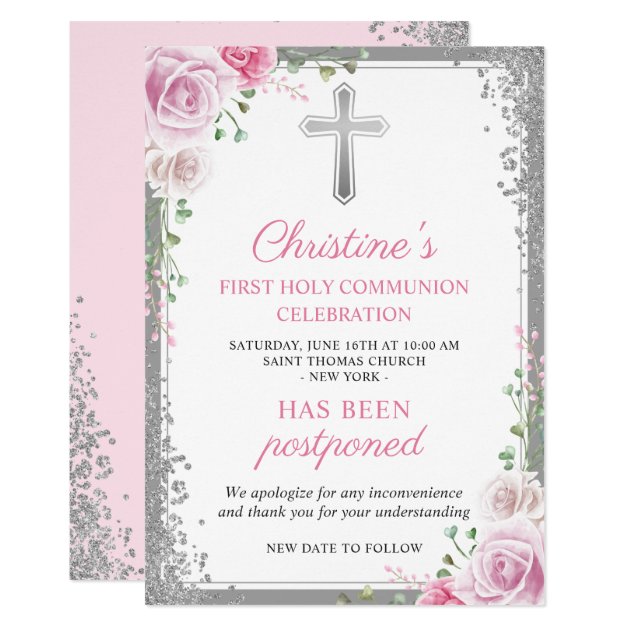 Postponed Announcement Pink Floral First Communion
