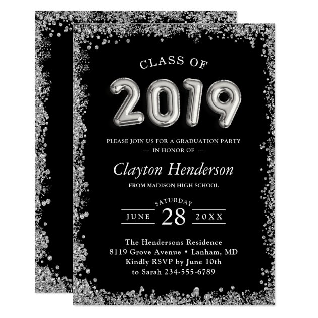 Black Silver Glittery Balloons 2019 Graduation Invitation