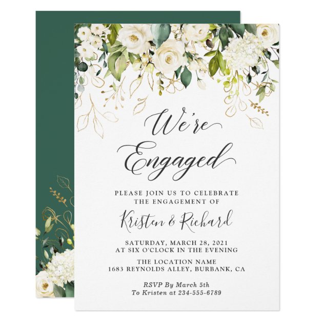 Greenery White Roses Gold Floral Engagement Party Invitation