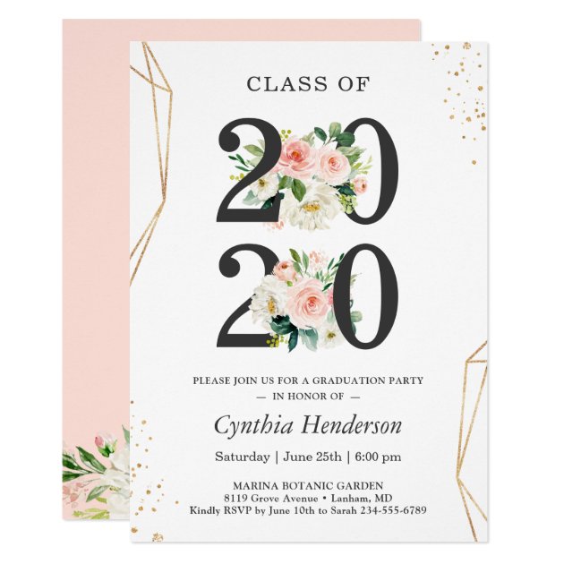 Class of 2020 Modern Gold Blush Floral Graduation Invitation